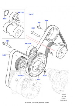 Шкивы и приводные ремни (2.0L AJ20P4 Petrol High NFE, Сборочный завод Хэйлвуд, Без аккумулятора электродвигателя, 2.0L AJ20P4 Petrol Mid NFE, Сборочный завод Хэйлвуд, Без аккумулят