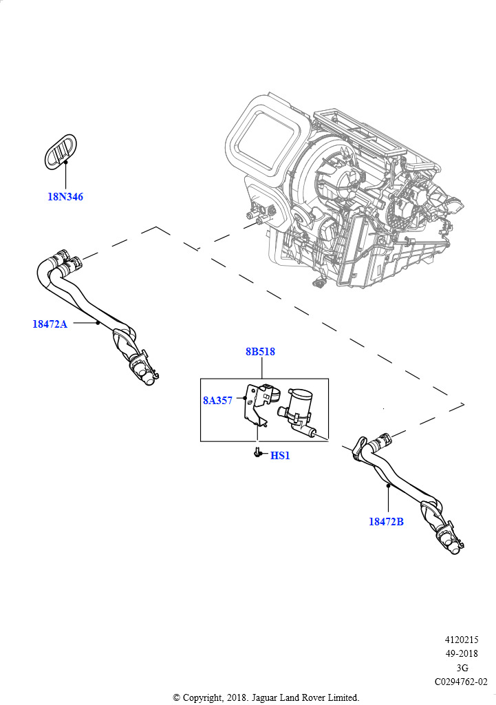 Схема: Шланги отопителя (2.0L AJ20D4 Diesel Mid NFE, Сборочный завод Хэйлвуд, 2.0L AJ20D4 Diesel LF NFE, Сборочный завод Хэйлвуд, 2.0L AJ20D4 Diesel High NFE, Сборочный завод Хэйлвуд)