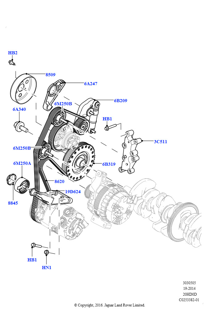 Шкивы и приводные ремни (2.0L 16V TIVCT T/C 240PS бензиновый, Сборочный завод Хэйлвуд, 2.0L 16V TIVCT T/C Gen2, бензин, Сборочный завод Хэйлвуд)