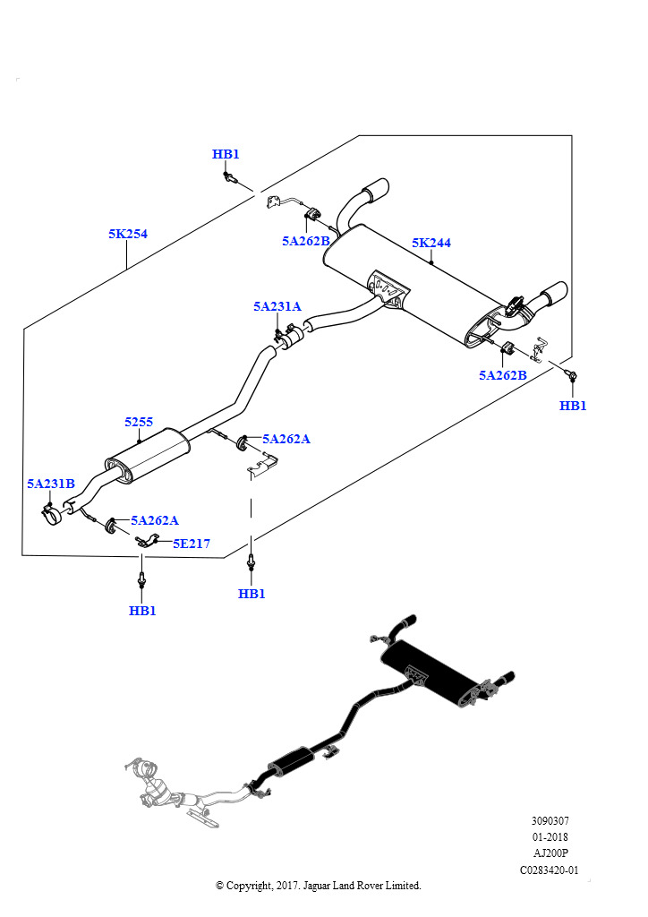 Схема: Задняя система выпуска (2,0 л I4 Mid DOHC AJ200, бензин, Изготовитель - Changsu (Китай), С 5-местной конфигурацией, Сдвоенн.выпус.труба)