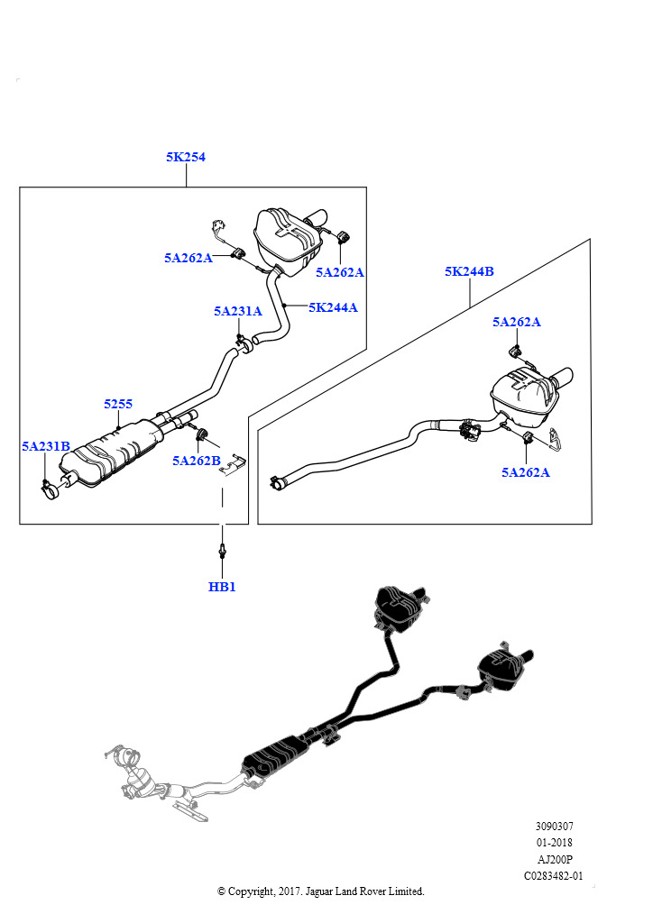 Схема: Задняя система выпуска (2,0 л I4 Mid DOHC AJ200, бензин, Изготовитель - Changsu (Китай), С 7-местной конфигурацией, С 18" стальным запасным колесом)