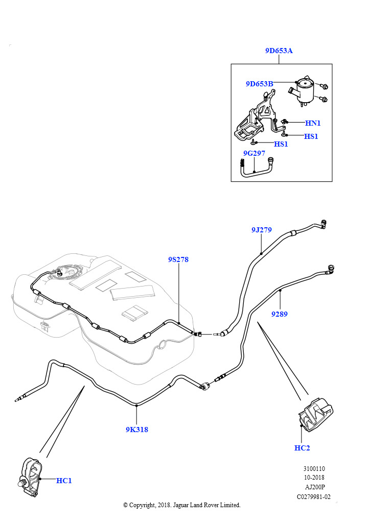 Схема: Топливные магистрали (Задний, 2,0 л I4 High DOHC AJ200, бензин, (-)"CDN/MEX/USA", Заливн.горл.топл.бака-неэтил.топл., 2,0 л I4 Mid DOHC AJ200, бензин, (-)"CDN/MEX/USA", Заливн.горл