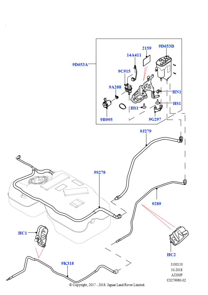 Схема: Топливные магистрали (Задний, 2,0 л I4 Mid DOHC AJ200, бензин, (+)"CDN/MEX/USA", Заливн.горл.топл.бака.,контр.утечек, 2,0 л I4 High DOHC AJ200, бензин, (+)"CDN/MEX/USA", Заливн.гор